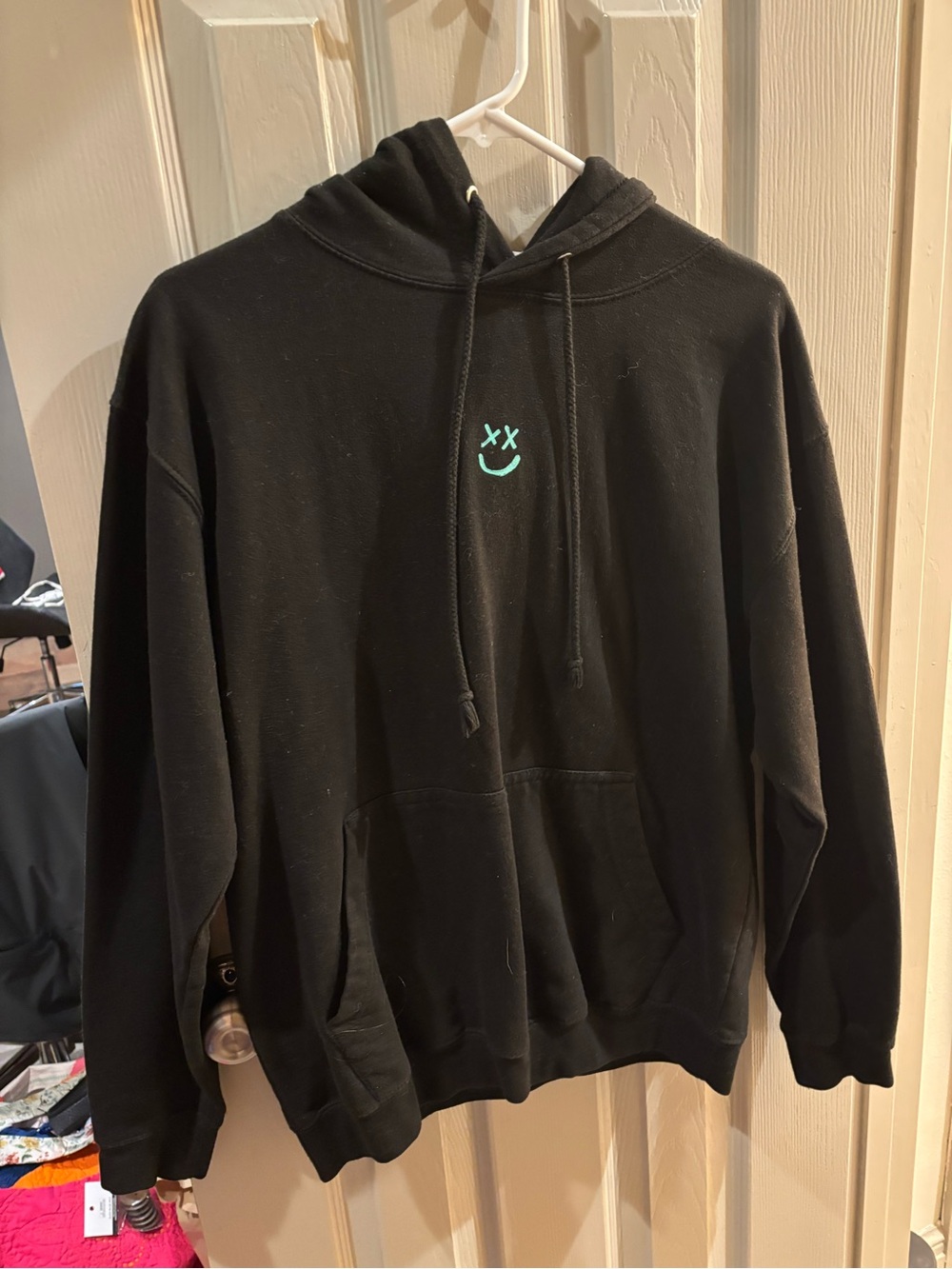 Men's Black Crewneck Hoodie with Teal Smiley Graphic